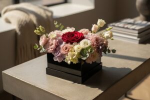 Непреходни акценти: Кутии с цветя и вечна роза на фокус
